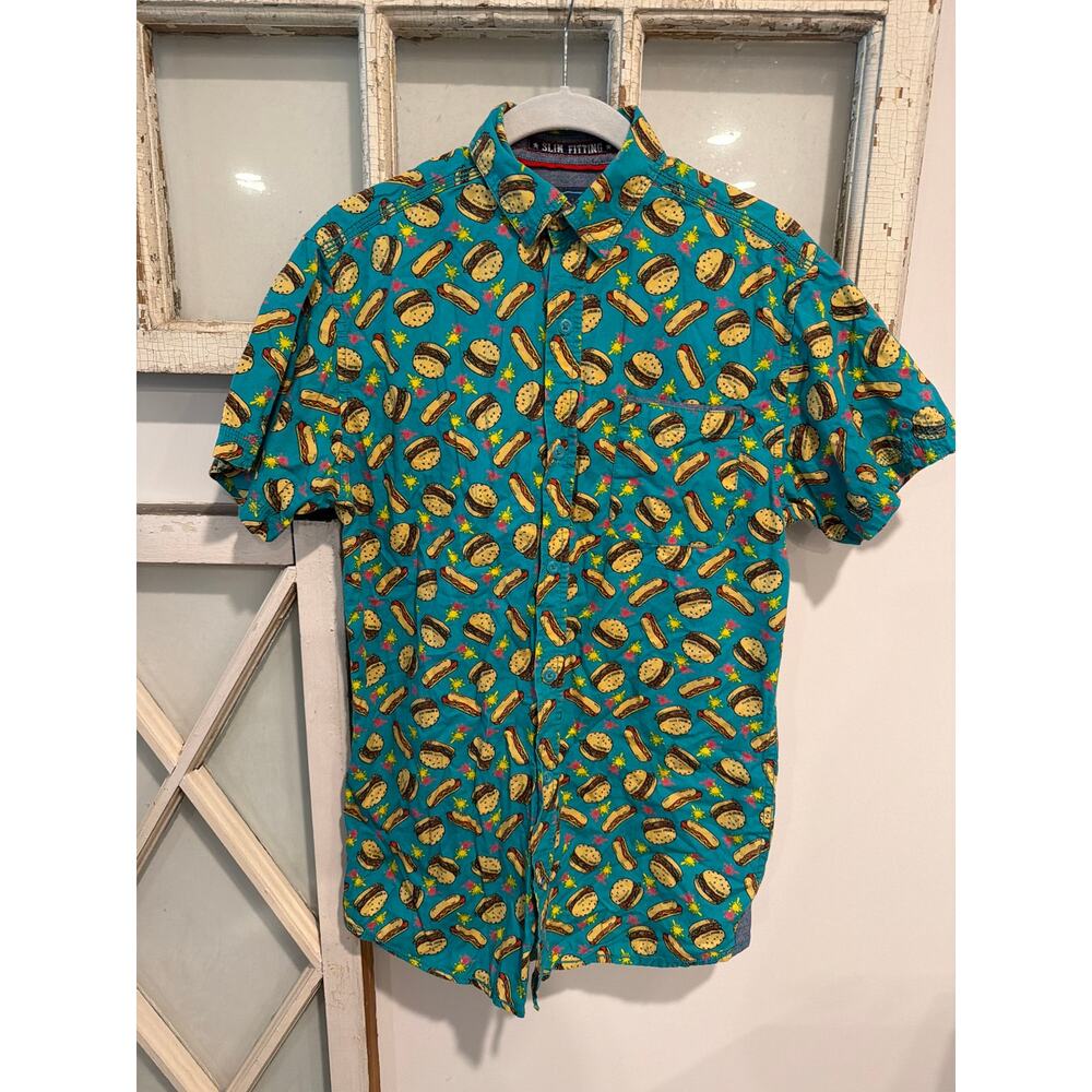 Good Vibes men’s small button down shirt with hamburgers & hotdogs cookout